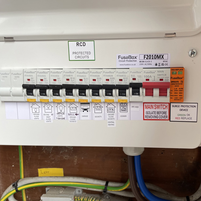 consumer unit showing various fuse switches
